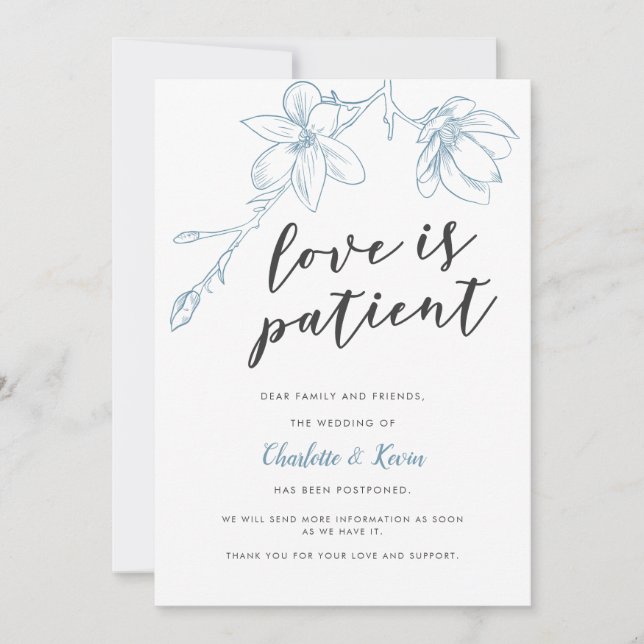 Love Is Patient Floral Wedding Postponement Announcement (Front)