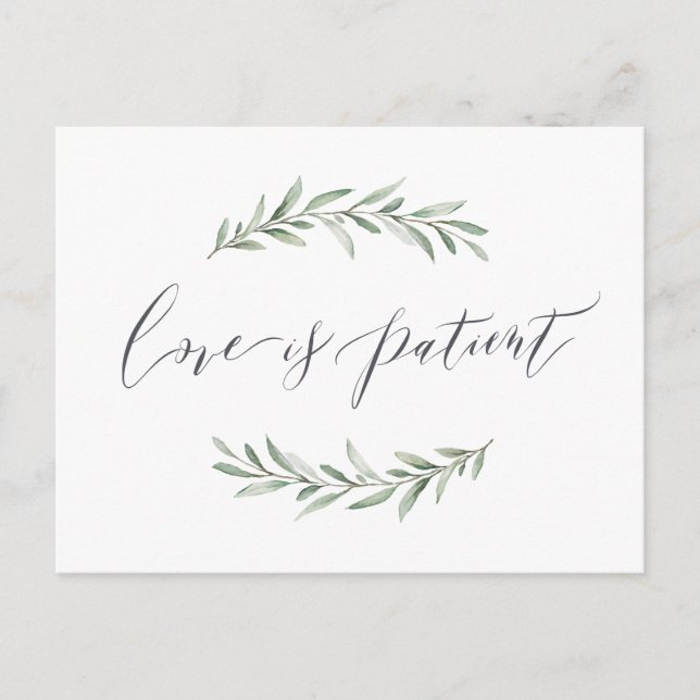 Love is patient greenery wedding postponement postcard (Front)