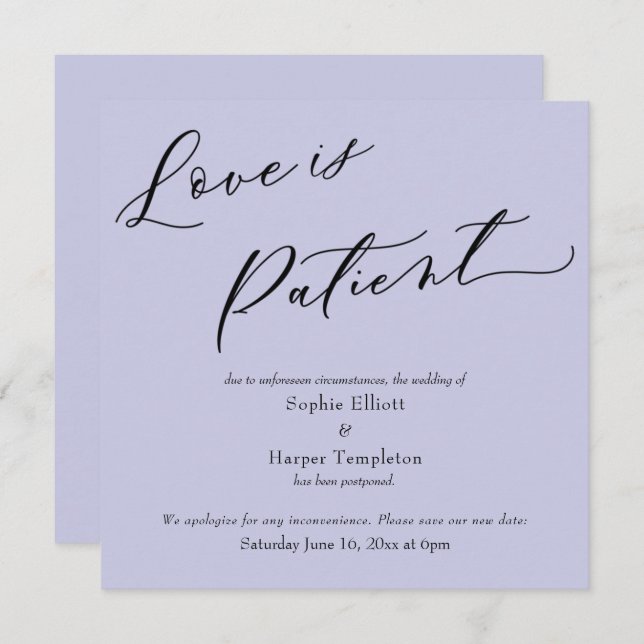 Love is Patient Lavender Postponed Wedding Card (Front/Back)