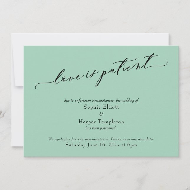 Love is Patient Light Green Postponed Wedding Card (Front)