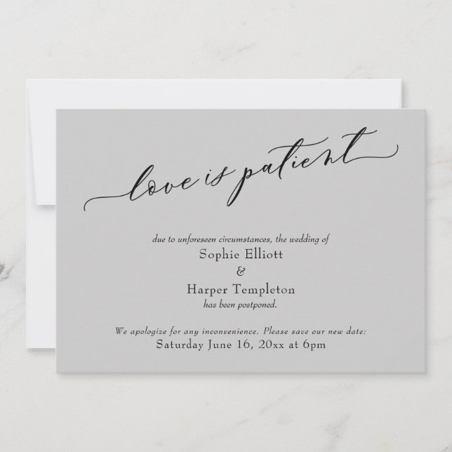 Love is Patient Light Grey Postponed Wedding Card (Front)
