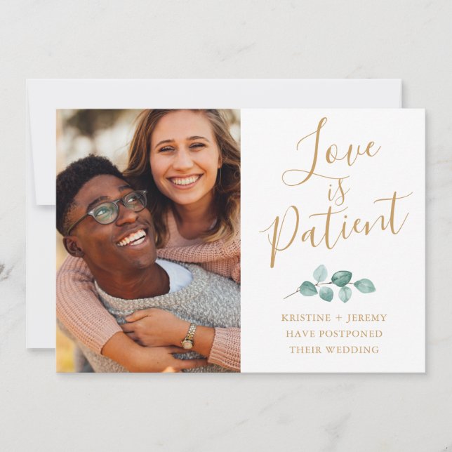 Love is Patient Photo Gold Script Postponed Save The Date (Front)
