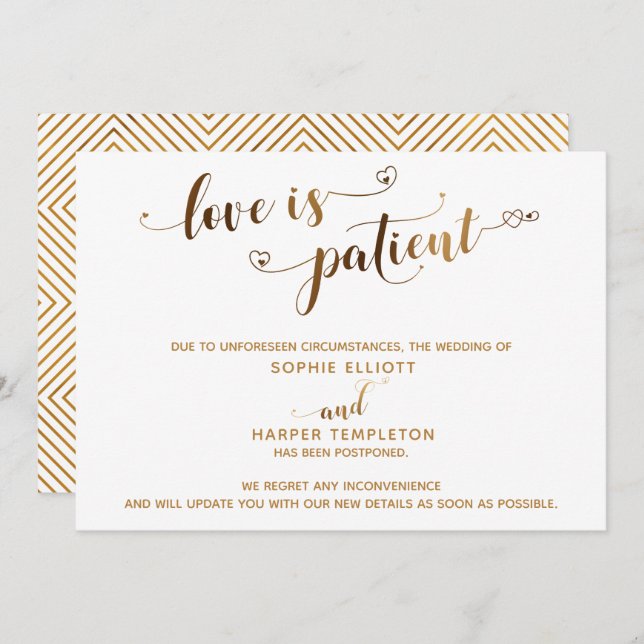 Love is Patient Postponed Wedding Gold Script Card (Front/Back)