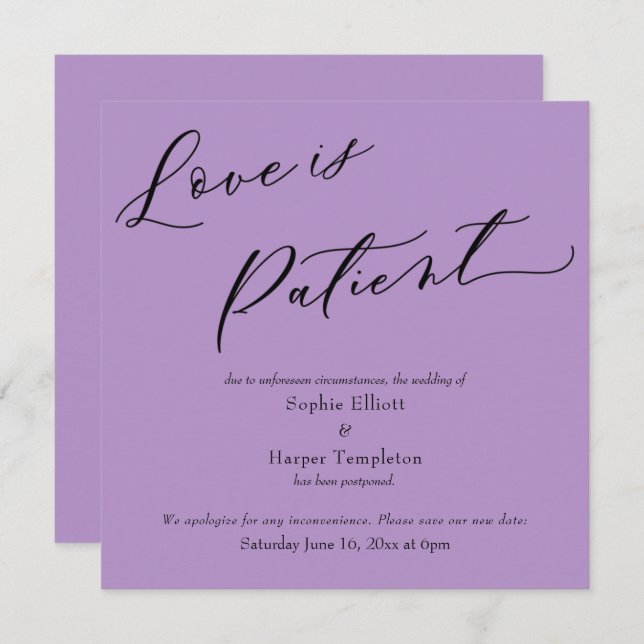Love is Patient Purple Postponed Wedding Card (Front/Back)