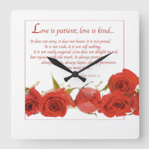 Love is Patient Red Rose Square Wall Clock