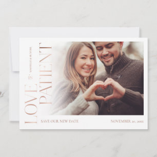 Love is Patient Rose Gold Burgundy Florals Photo Save The Date