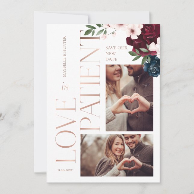 Love is Patient Rose Gold Burgundy Florals Photo Thank You Card (Front)