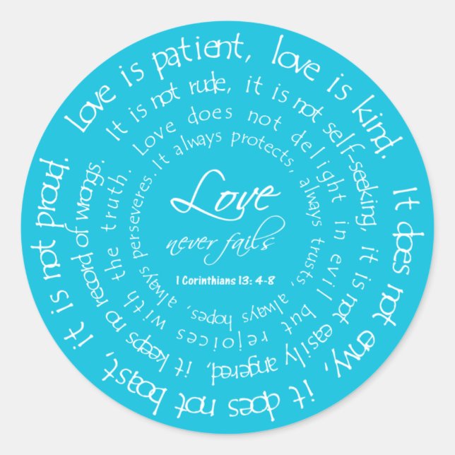 Love is Patient Round Wedding Sticker Aqua (Front)
