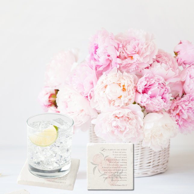 Love Is Patient – Scripture Sandstone Coaster (Love is patient. Wedding peony party favor)