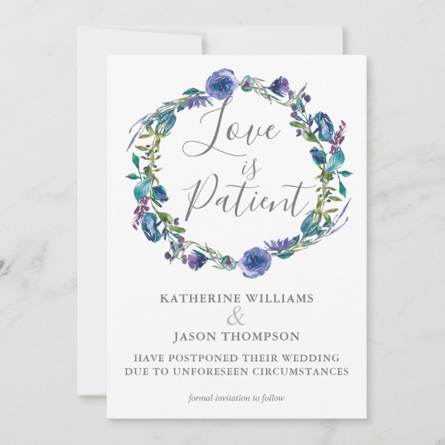 Love is Patient Wedding Date Change Violet Floral Save The Date (Front)