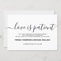 Love is Patient Wedding Postponed Custom wording