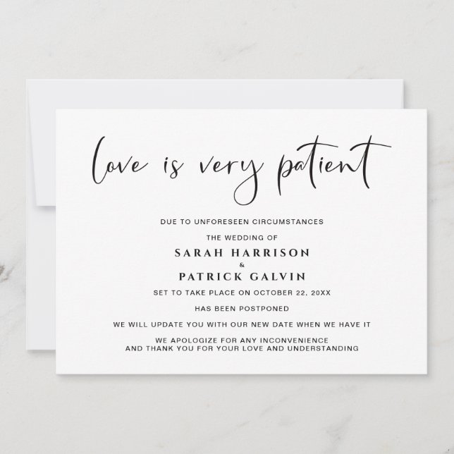 Love is Patient Wedding Postponement Elegant Announcement (Front)