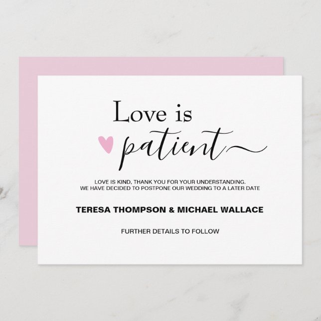 Love is Patient Wedding Postponement Pink Black Invitation (Front/Back)