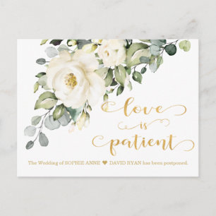 Love Is Patient White Floral Wedding Postponed Postcard