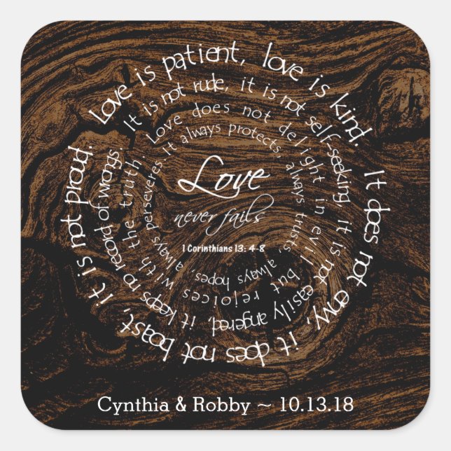 Love is Patient Wood Grain Circular Text Wedding Square Sticker (Front)