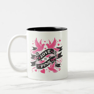 Love is pink - doves, ribbons and hearts Two-Tone coffee mug