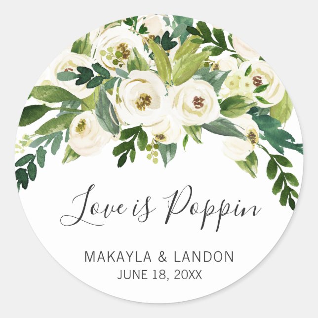 Love Is Poppin Elegant White Floral Wedding Favour Classic Round Sticker (Front)