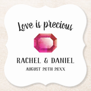 Love is precious pink gemstone wedding party paper coaster