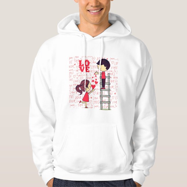 “Love Is Reaching Each Other – Cute Cartoon Valent Hoodie (Front)