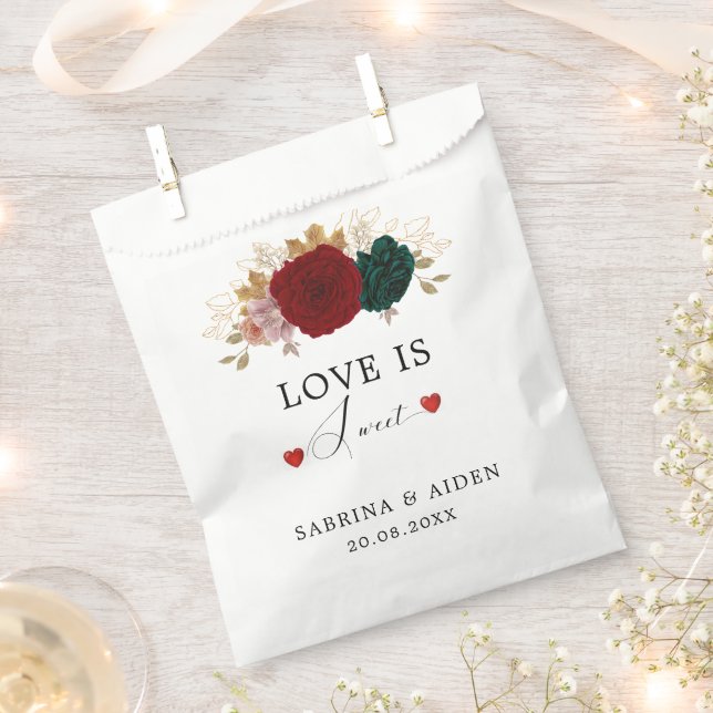 Love Is Sweet Autumnal Burgundy Emerald Floral  Favour Bag (Clipped)