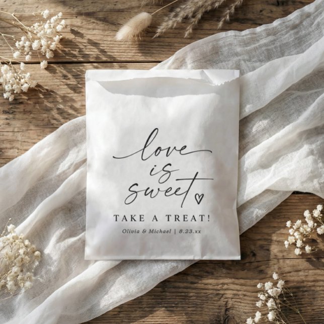 Love is Sweet Black and White Script Wedding Favour Bag (Modern handwriting wedding favor bag with elegant handwriting and heart - love is sweet.)