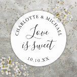 Love Is Sweet Black And White Wedding Favor  Classic Round Sticker<br><div class="desc">Black and white wedding favor love is sweet classic round sticker. Designed by Thisisnotme©</div>