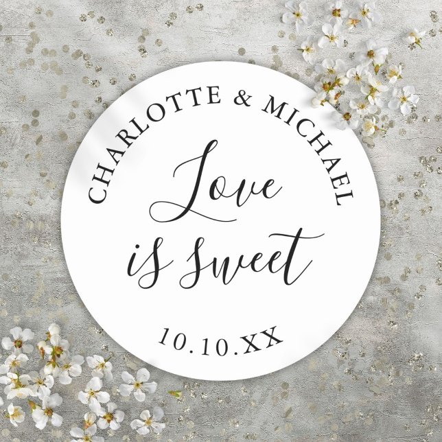 Love Is Sweet Black And White Wedding Favor  Classic Round Sticker (Love Is Sweet Black And White Wedding Favor Classic Round Sticker)