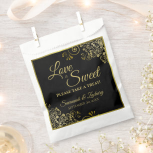 Love is Sweet Black & Gold Lace Wedding Favour Bag