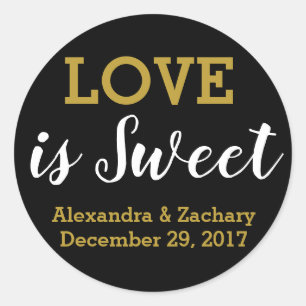 Love is Sweet Black Gold Wedding Engagement Favour Classic Round Sticker