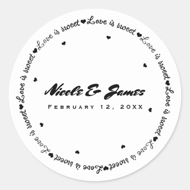 Love is Sweet Black White Thank You Wedding Favour Classic Round Sticker (Front)