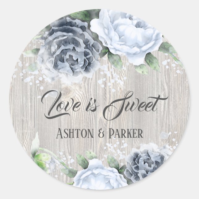 Love is Sweet Blue Watercolor Roses Wood Sticker (Front)