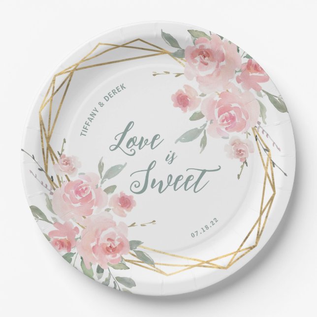 Love is Sweet Blush Floral Wedding Paper Plate (Front)
