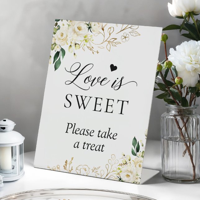 Love is Sweet Bohemian Elegant White Rose Floral Pedestal Sign (Creator Uploaded)