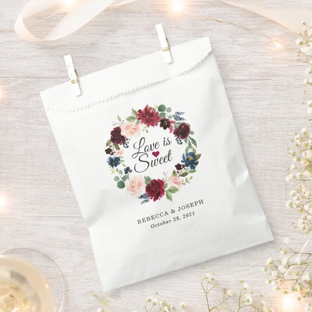 Love is Sweet Burgundy Blush Blue Floral Wedding Favour Bag (Clipped)