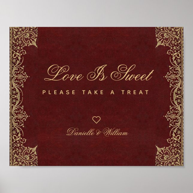 Love Is Sweet Burgundy Gold Candy Bar Wedding Sign (Front)