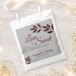 Love is Sweet Burgundy Leaves on Grey Wedding Favour Bag