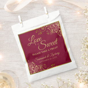 Love is Sweet Burgundy Maroon & Gold Lace Wedding Favour Bag