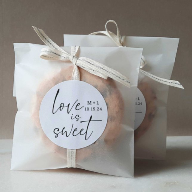 Love is Sweet Calligraphy Wedding Favour Classic Round Sticker (Creator Uploaded)