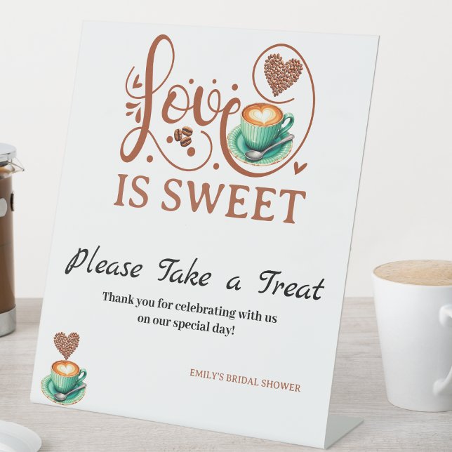 Love Is Sweet Coffee Heart Calligraphy Terracotta  Pedestal Sign (love is sweet wedding tabletop signs bridal shower calligraphy please take a treat winter fall theme)
