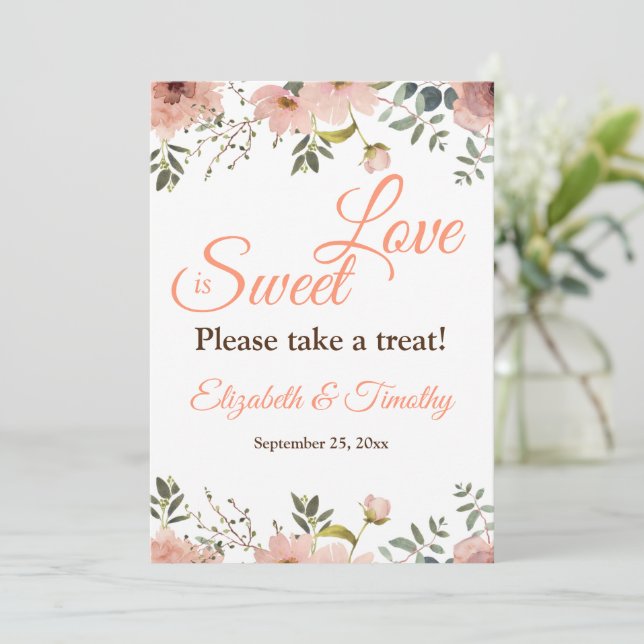 Love is Sweet Coral Peach Boho Floral Wedding Invitation (Standing Front)
