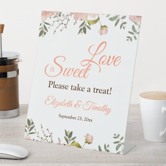 Love is Sweet Coral Peach Boho Floral Wedding Pedestal Sign (In SItu)