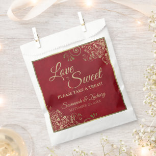 Love is Sweet Crimson Red & Gold Lace Wedding Favour Bag
