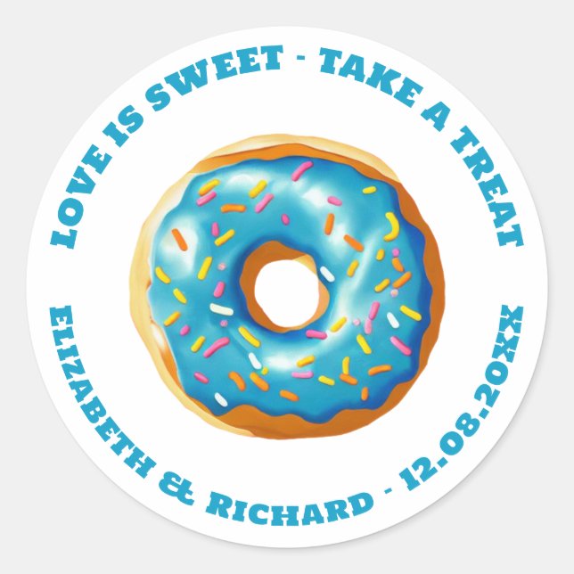 Love is Sweet Doughnut Wedding Classic Round Sticker (Front)