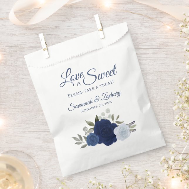 Love is Sweet Dusty Blue & Navy Floral Wedding Favour Bag (Clipped)