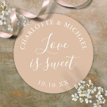 Love Is Sweet Elegant Tan Wedding Favor  Classic Round Sticker<br><div class="desc">Tan wedding favor love is sweet classic round sticker. Designed by Thisisnotme©</div>