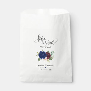 Love is sweet enjoy a treat navy floral wedding favour bag