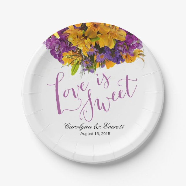 Love is Sweet Floral Bouquet | yellow purple Paper Plate (Front)