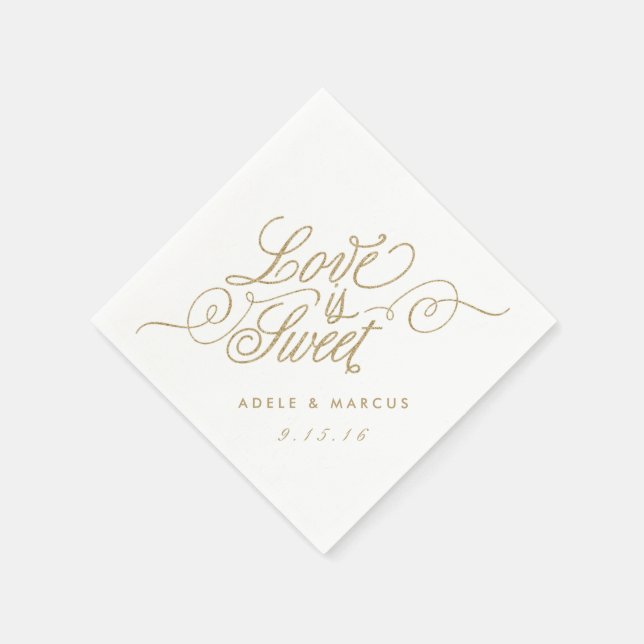 "Love is Sweet" Gold Glitter Wedding Napkins (Corner)