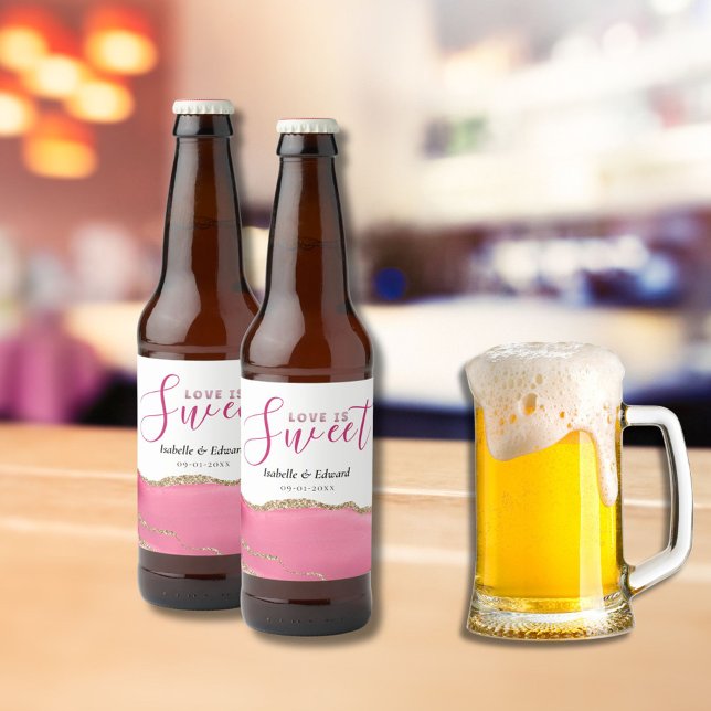 Love Is Sweet Gold & Pink Agate Stone Wedding Beer Bottle Label (Creator Uploaded)