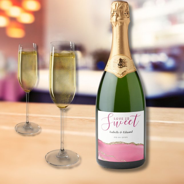 Love Is Sweet Gold & Pink Agate Stone Wedding Sparkling Wine Label (Creator Uploaded)